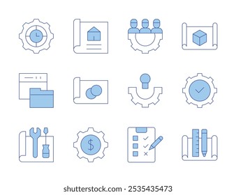 Project icons. Line Duotone style, editable stroke. gear, project, property, idea, check list, productivity, documentation, blueprint, compliance, file.