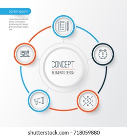 Project Icons Set. Collection Of Computer, Announcement, Time Management And Other Elements. Also Includes Symbols Such As Time, Money, Workspace.
