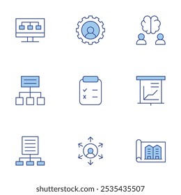 Conjunto de iconos de proyecto. Línea estilo Duotone, carrera editable. proyecto, cerebro, análisis de datos, archivo, Portapapeles, recursos humanos, subcontratación.