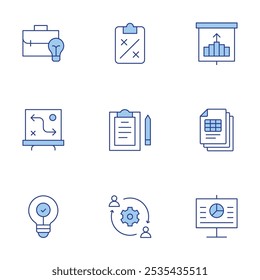 Conjunto de iconos de proyecto. Estilo Duotone de la línea, movimiento editable. estrategia, outsourcing, idea, idea de negocio, presentación, proyecto, proyección, investigación.