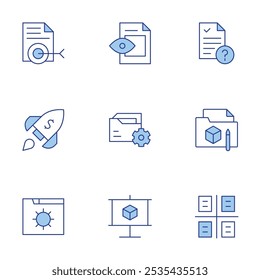 Project icons set. Line Duotone style, editable stroke. project, project status, presentation, project management, settings, startup, target.