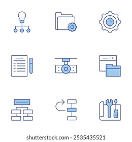 Projektsymbole festgelegt. Linienduotonstil, bearbeitbarer Strich. Idee, Dokumentation, Projekt, Projektor, Priorität, Einstellungen, Briefing, Delegierter.
