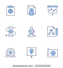Ícones de projeto definidos. Estilo Duotônico de linha, traço editável. deployment, física, projeto, plano de projeto, apresentação, lançamento do projeto, sprint, destino, fluxo de trabalho.