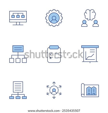 Project icons set. Line Duotone style, editable stroke. project, brain, data analysis, file, clipboard, human resources, outsourcing.