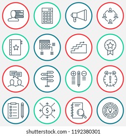 Project icons set with teamwork and meeting, goal, project planning time management elements. Isolated vector illustration project icons.
