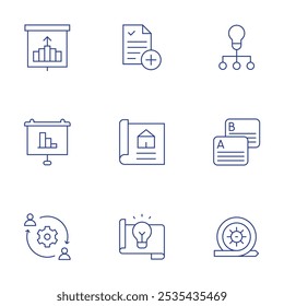 Project icons set. Thin Line style, editable stroke. project, property, idea, new project, projection, outsourcing, sprint, stats.