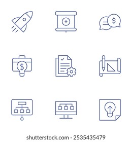 Project icons set. Thin Line style, editable stroke. communications, drawing, idea, presentation, project, rocket, suitcase, workflow.