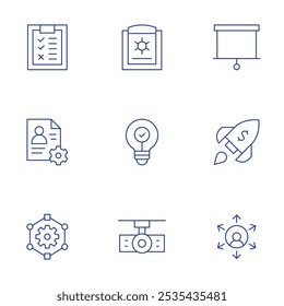 Project icons set. Thin Line style, editable stroke. check list, development, gear, outsourcing, projection screen, projector, report, idea, startup.