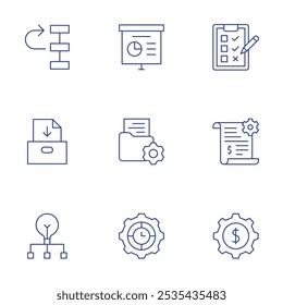 Ícones de projeto definidos. Estilo de linha fina, traço editável. lista de verificação, desenvolvimento, engrenagem, apresentação, projeto, prioridade, gerenciamento de projeto.