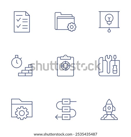 Project icons set. Thin Line style, editable stroke. brief, deadline, folder, presentation, project, project launch, settings, target, workflow.