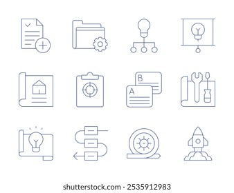 Project icons. Thin Line style, editable stroke. project, property, idea, new project, presentation, project launch, settings, sprint, target, workflow.