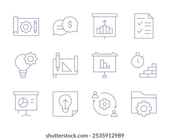 Project icons. Thin Line style, editable stroke. projection, settings, brief, deadline, folder, innovation, communications, drawing, idea, outsourcing, projector screen, stats.