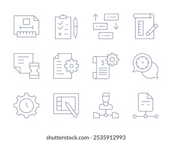 Project icons. Thin Line style, editable stroke. prioritize, project, project management, blueprint, coordination, file, clipboard, document, graphic tablet, technical drawing, time, time management.
