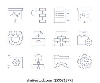 Project icons. Thin Line style, editable stroke. presentation, project, priority, project management, briefing, delegate, folder, physics, productivity.