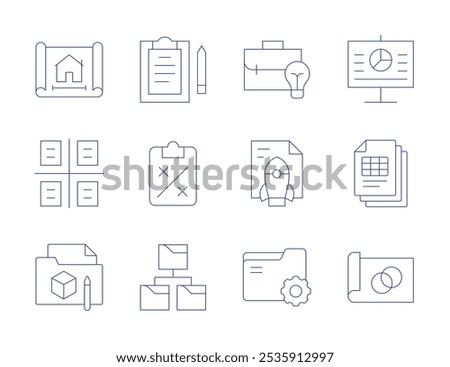 Project icons. Thin Line style, editable stroke. presentation, project, research, strategy, use case, business idea, deployment, folder, plan.