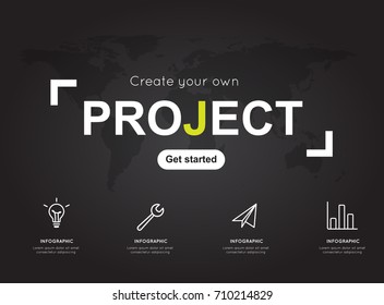 Project icons with world black map for business