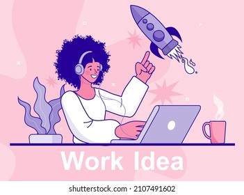 Project idea. Business project startup process. development process concept in flat style. From idea to finished product. computer assistant. vector outline illustration.