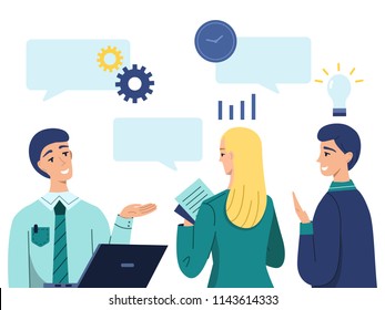 Project idea presentation vector illustration. Managers man and woman presenting work report or business marketing research documents to director or client with speech chat bubbles