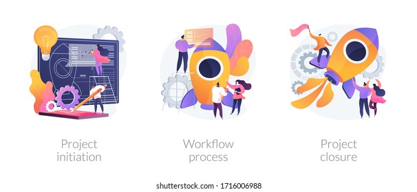 Project implementation abstract concept vector illustration set. Project initiation and closure, workflow process, business analysis, vision and scope, management software, deadline abstract metaphor.