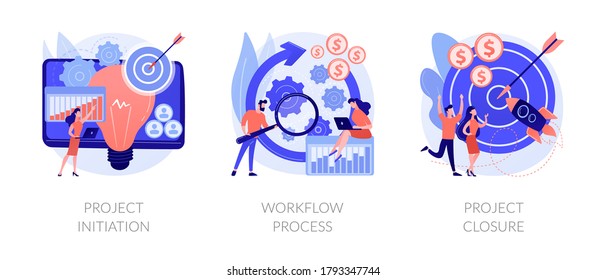 Project Implementation Abstract Concept Vector Illustration Set. Project Initiation And Closure, Workflow Process, Business Analysis, Vision And Scope, Management Software, Deadline Abstract Metaphor.