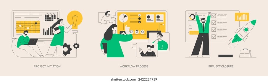 Project implementation abstract concept vector illustration set. Project initiation and closure, workflow process, business analysis, vision and scope, management software, deadline abstract metaphor.