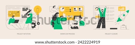 Project implementation abstract concept vector illustration set. Project initiation and closure, workflow process, business analysis, vision and scope, management software, deadline abstract metaphor.