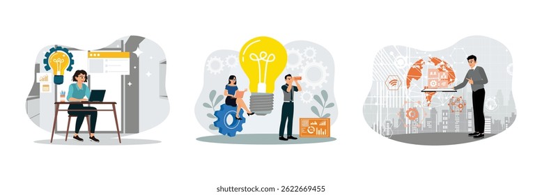 Conceito de execução do projeto. Equipe de negócios analisa dados e desenvolve ideias. Jovem empresário usa tablet digital para estudar negócios globais. Defina a ilustração vetorial plana.