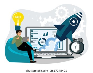 Project implementation concept. An entrepreneur analyzes data and develops ideas to achieve business goals. Flat vector illustration.