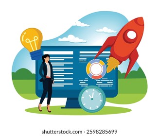 Project implementation concept. Project initiation and closure, workf low process, business analysis, vision scope, management software. Flat vector modern illustration 