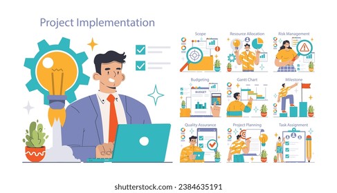 Project Implementation concept. A professional at work surrounded by vibrant graphics depicting stages like risk management and task assignment. Organized, strategic planning elements. Flat vector