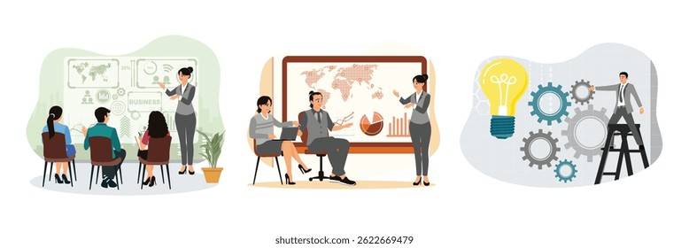 Project implementation concept. A woman explains statistical data to colleagues in a meeting room. Businesswoman develops a project with ideas and hard work. Set flat vector illustration.