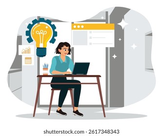 Project implementation ideas. A woman focuses on working in front of a laptop computer and developing business ideas. Flat vector illustration.