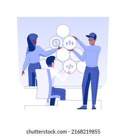 Project implementation isolated concept vector illustration. Group of colleagues working on the development of a new project, IT company, management process, teamwork model vector concept.