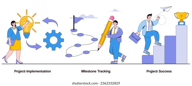 Ejecución del proyecto, seguimiento de hitos, concepto de éxito del proyecto con carácter. Conjunto de ilustraciones vectoriales abstractas de ejecución de proyectos. Planificación de proyectos, ejecución oportuna, metáfora de logro de objetivos.