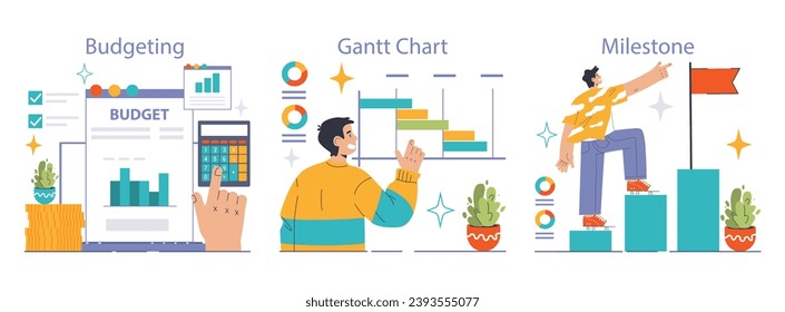 Project Implementation set. Budgeting, charting progress, celebrating milestones. Dynamic figures interact with graphical elements. Flat vector illustration