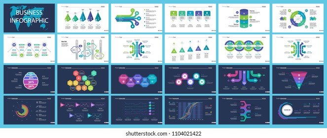 Project infographic design template set for stock and trade concept. Can be used for business project, annual report, web design. Option, process, line graphs, cycle chart, scatter plot, flowchart