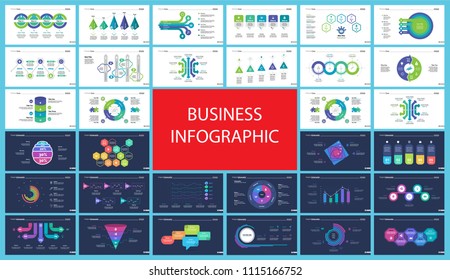 Project infographic design template set for stock and trade concept. Can be used for business project, annual report, web design. Option, process, line graphs, cycle chart, scatter plot, flowchart