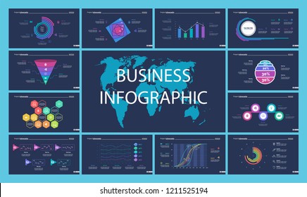 Project infographic design template set for stock and trade concept. Can be used for business project, annual report, web design. Option, process, line graphs, cycle chart, scatter plot, flowchart