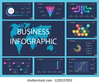 Project infographic design template set for stock and trade concept. Can be used for business project, annual report, web design. Option, process, line graphs, cycle chart, scatter plot, flowchart