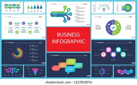 Project infographic design template set for stock and trade concept. Can be used for business project, annual report, web design. Option, process, line graphs, cycle chart, scatter plot, flowchart