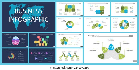 Project infographic design template set for stock and trade concept. Can be used for business project, annual report, web design. Option, process, line graphs, cycle chart, scatter plot, flowchart