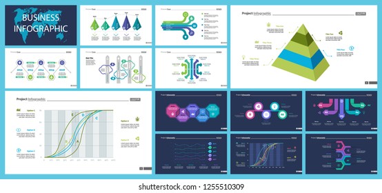 Project infographic design template set for stock and trade concept. Can be used for business project, annual report, web design. Option, process, line graphs, cycle chart, scatter plot, flowchart