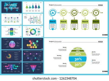Project infographic design template set for stock and trade concept. Can be used for business project, annual report, web design. Option, process, line graphs, cycle chart, scatter plot, flowchart