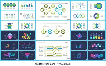 Project infographic design template set for stock and trade concept. Can be used for business project, annual report, web design. Option, process, line graphs, cycle chart, scatter plot, flowchart