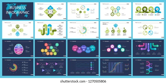 Project infographic design template set for stock and trade concept. Can be used for business project, annual report, web design. Option, process, line graphs, cycle chart, scatter plot, flowchart