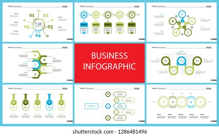 Project infographic design template set for stock and trade concept. Can be used for business project, annual report, web design. Option, process, line graphs, cycle chart, scatter plot, flowchart