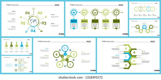 Project infographic design template set for stock and trade concept. Can be used for business project, annual report, web design. Option, process, line graphs, cycle chart, scatter plot, flowchart