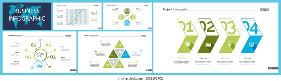 Project infographic design template set for stock and trade concept. Can be used for business project, annual report, web design. Option, process, line graphs, cycle chart, scatter plot, flowchart