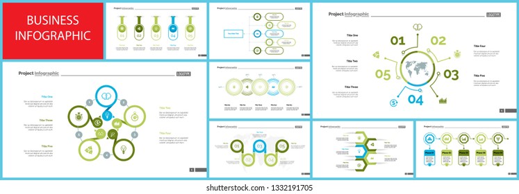 Project infographic design template set for stock and trade concept. Can be used for business project, annual report, web design. Option, process, line graphs, cycle chart, scatter plot, flowchart