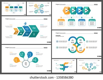 Project infographic design template set for stock and trade concept. Can be used for business project, annual report, web design. Option, process, line graphs, cycle chart, scatter plot, flowchart